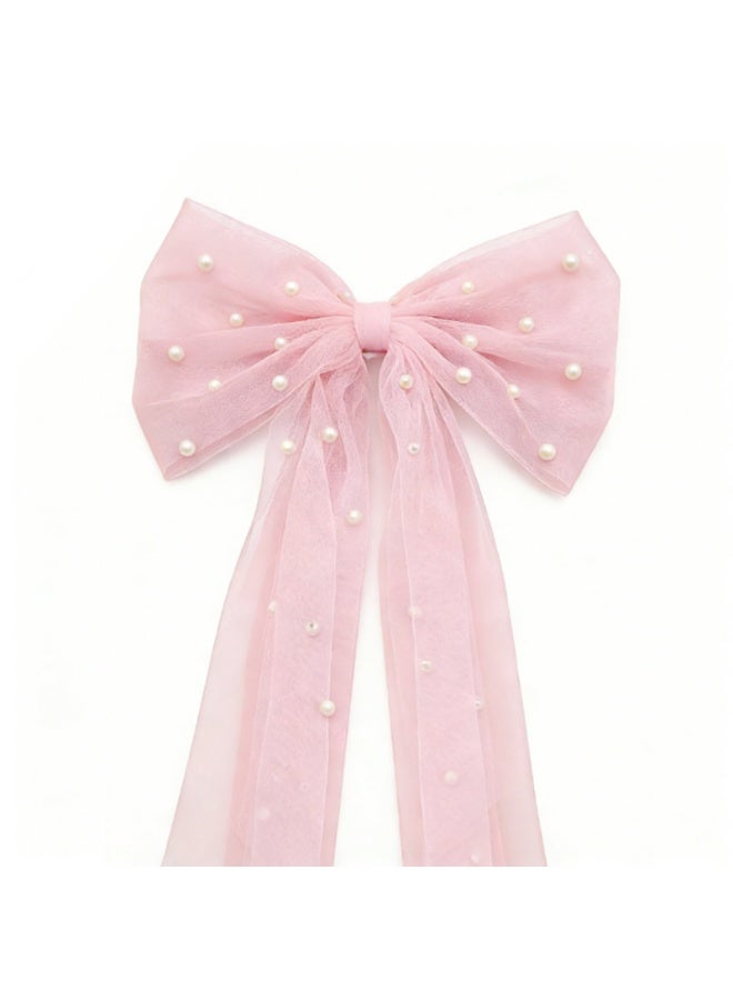 Bridal Hair Bow Veil Hair Clip,Veil Hairpins with Pearl Mesh Bow Hair Clips（Pink） - Image 4