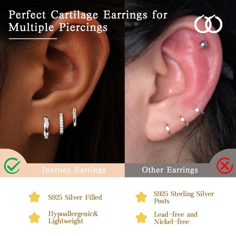 Inerney 925 Sterling Silver Huggie Hoop Earrings Set for Women, Dainty Small Cartilage Hoops Hypoallergenic Jewelry for Multiple Piercings, Trendy Twisted Mini Earring Stacks Gift for Sensitive Ears - Image 4
