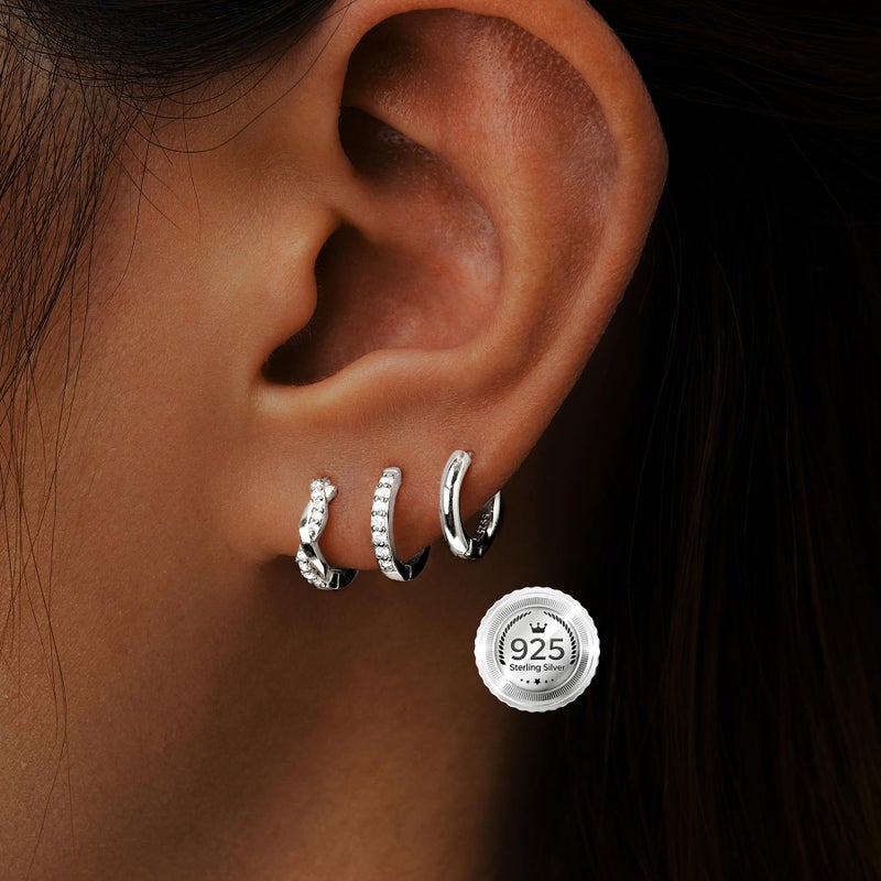Inerney 925 Sterling Silver Huggie Hoop Earrings Set for Women, Dainty Small Cartilage Hoops Hypoallergenic Jewelry for Multiple Piercings, Trendy Twisted Mini Earring Stacks Gift for Sensitive Ears - Image 3