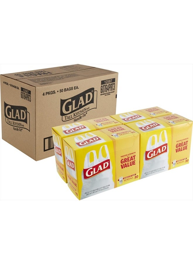Glad Trash Bags, Tall Kitchen Garbage Bags, 13 Gallon Handle Tie Trash Big for Kitchen, Unscented, 50 Count (Pack of 4)  - Image 1