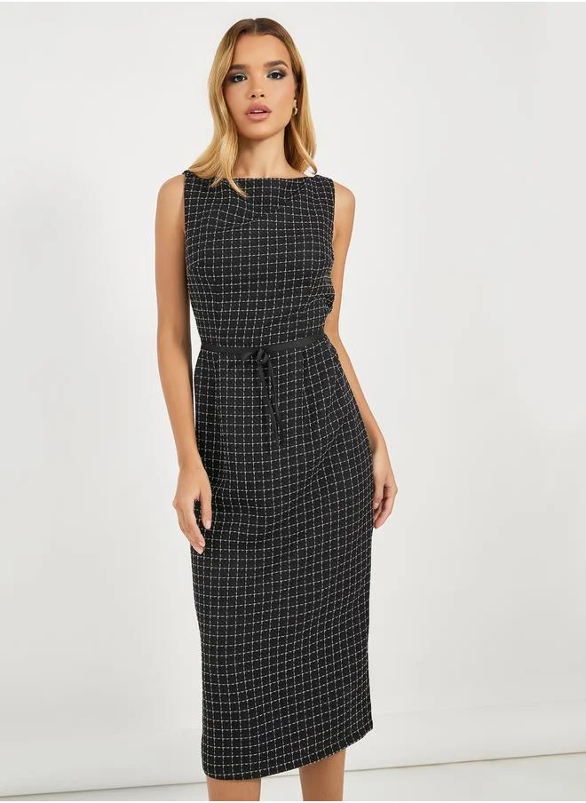 Styli Checked Sleeveless Boat Neck Bodycon Midi Dress