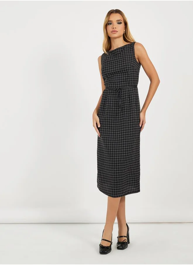 Styli Checked Sleeveless Boat Neck Bodycon Midi Dress