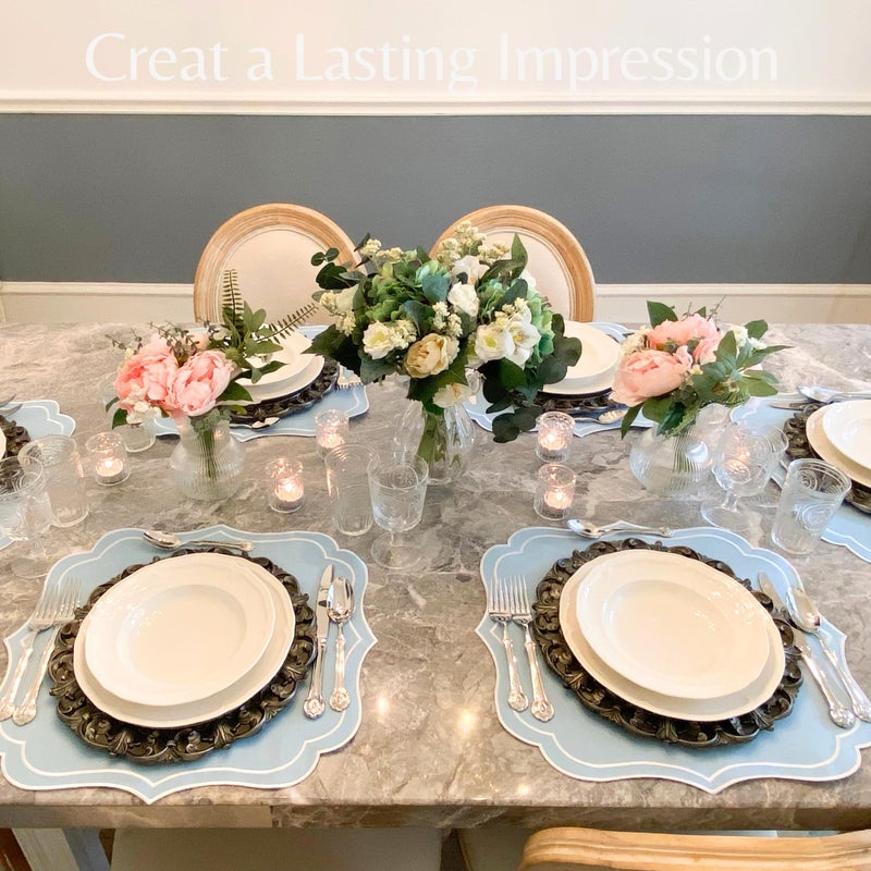 Bryonia Cotton Linen Placemats Set of 4 - Double Layered, Machine Washable, Wrinkle Resistance, Scalloped & Embroidered Cloth Table Mats - Wedding, Easter Mat, Giftable, 19 x 17 inch, Light Blue - Image 3
