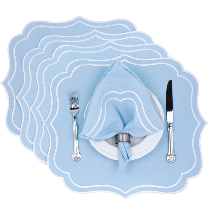 Bryonia Cotton Linen Placemats Set of 4 - Double Layered, Machine Washable, Wrinkle Resistance, Scalloped & Embroidered Cloth Table Mats - Wedding, Easter Mat, Giftable, 19 x 17 inch, Light Blue - Image 1