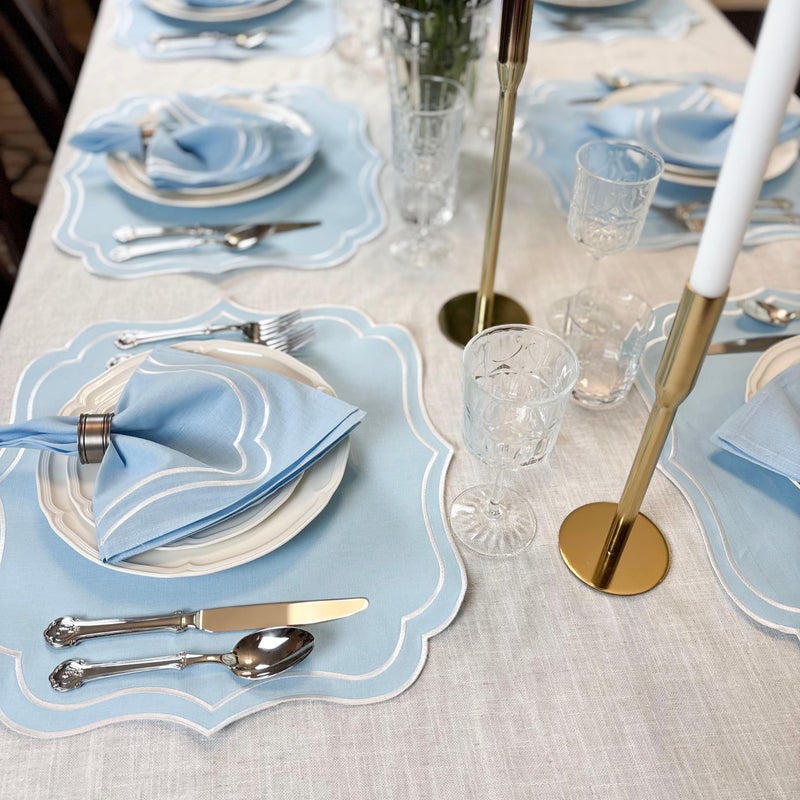 Bryonia Cotton Linen Placemats Set of 4 - Double Layered, Machine Washable, Wrinkle Resistance, Scalloped & Embroidered Cloth Table Mats - Wedding, Easter Mat, Giftable, 19 x 17 inch, Light Blue - Image 2