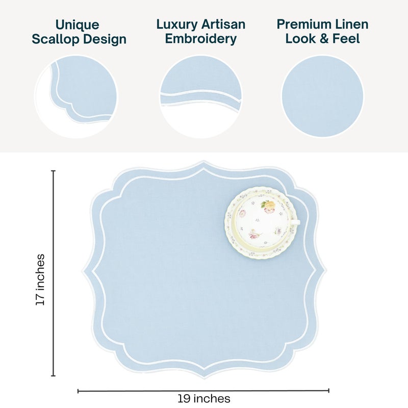 Bryonia Cotton Linen Placemats Set of 4 - Double Layered, Machine Washable, Wrinkle Resistance, Scalloped & Embroidered Cloth Table Mats - Wedding, Easter Mat, Giftable, 19 x 17 inch, Light Blue - Image 5