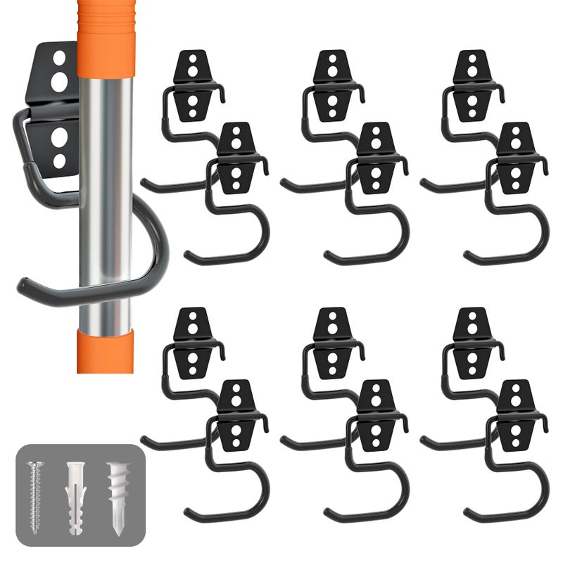 Light Dust Broom Holder Wall Mount - 12 Pack Tool Hangers Garage Wall Hanging Organizer - Heavy Duty Metal Large S Hooks For Mop Shovel Rake Shed Garden Lawn Yard Handle Tools Organization (Black) - Image 1