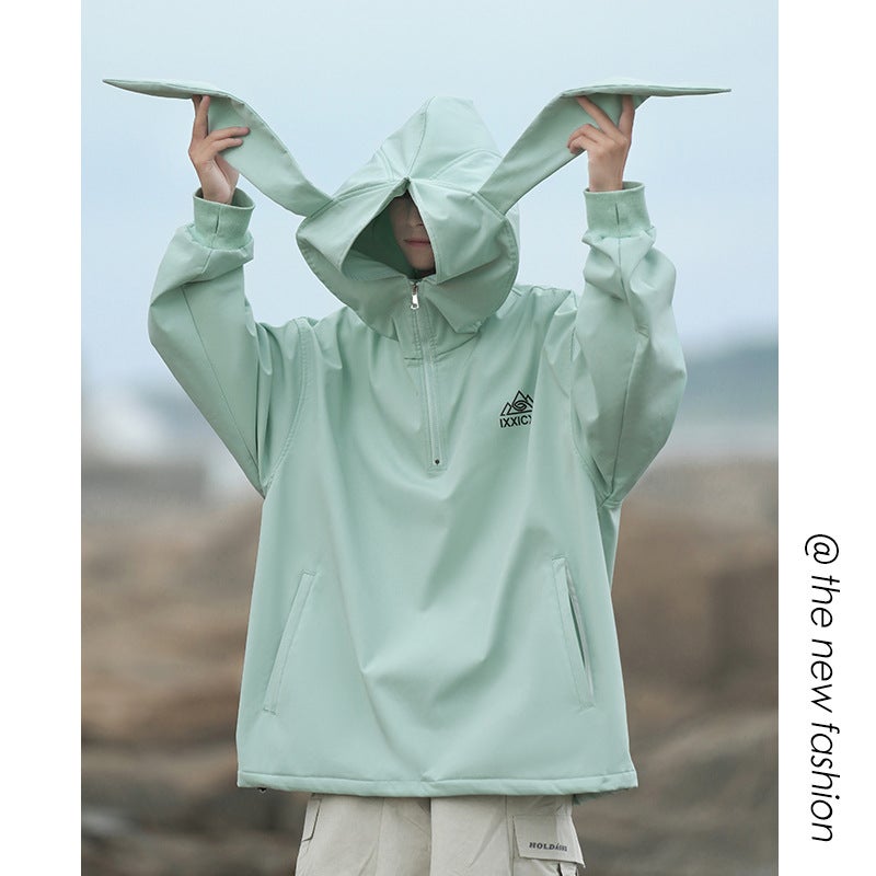 Generic Unisex Waterproof Bunny Ears Ski Jacket Plus Size Lake Blue 