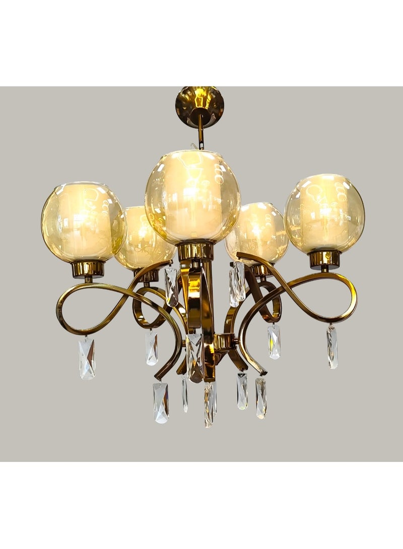 Classic metal chandelier 5 crystal bulbs, luxurious design and perfect lighting