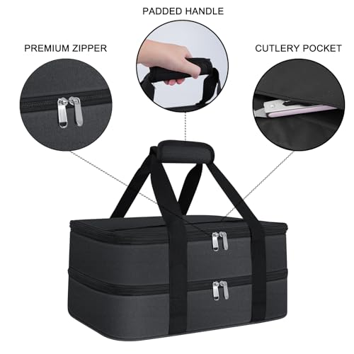 esouler Double Insulated Casserole Carrier Bag Hot & Cold Food Carrier Bag Lasagna Holder Lunch Bag for Picnics, Parties, Travel, Fits 9 x 13 Inches Casserole Dish-Black - Image 3