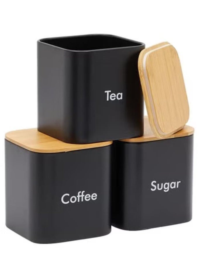 Arabest Set of 3 Coffee, Tea, and Sugar Canister Black – Kitchen Storage Jars with Bamboo Lid and Name Marker – Simple Flour Container - Image 1