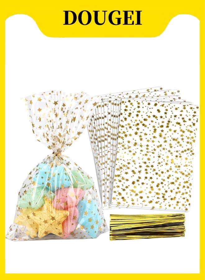 دوغي 100 قطعة نجمة مطبوعة 5 "× 10" هدية التفاف التشيلو السيلوفان علاج أكياس حزب لصالح حقيبة كعكة حلوى واضحة حقيبة تخزين البلاستيك بولي Goodie مع العلاقات تويست للمخابز ، عيد الميلاد ، الزفاف ، زينة الحفلات (ذهبي) - Image 1