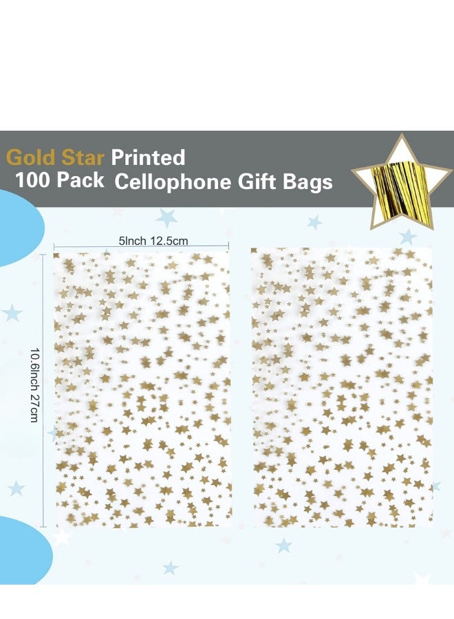دوغي 100 قطعة نجمة مطبوعة 5 "× 10" هدية التفاف التشيلو السيلوفان علاج أكياس حزب لصالح حقيبة كعكة حلوى واضحة حقيبة تخزين البلاستيك بولي Goodie مع العلاقات تويست للمخابز ، عيد الميلاد ، الزفاف ، زينة الحفلات (ذهبي) - Image 2