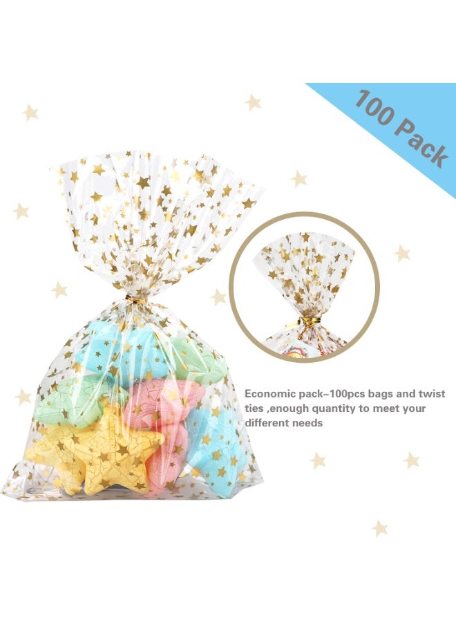 دوغي 100 قطعة نجمة مطبوعة 5 "× 10" هدية التفاف التشيلو السيلوفان علاج أكياس حزب لصالح حقيبة كعكة حلوى واضحة حقيبة تخزين البلاستيك بولي Goodie مع العلاقات تويست للمخابز ، عيد الميلاد ، الزفاف ، زينة الحفلات (ذهبي) - Image 3