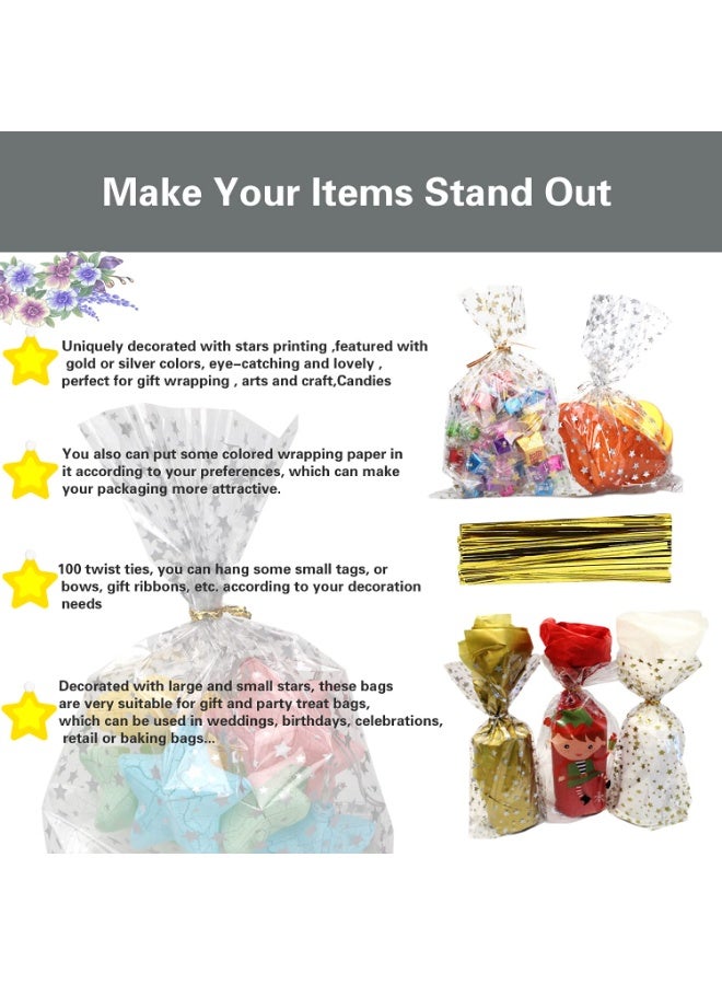 دوغي 100 قطعة نجمة مطبوعة 5 "× 10" هدية التفاف التشيلو السيلوفان علاج أكياس حزب لصالح حقيبة كعكة حلوى واضحة حقيبة تخزين البلاستيك بولي Goodie مع العلاقات تويست للمخابز ، عيد الميلاد ، الزفاف ، زينة الحفلات (ذهبي) - Image 4