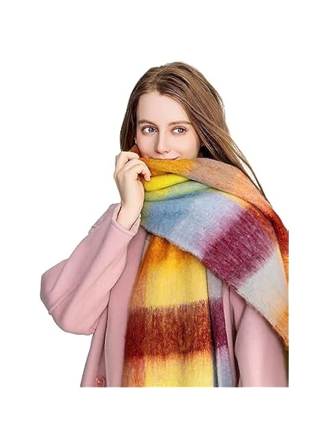 Japanese style gentle rainbow wool ball mohair scarf for women winter thick warm versatile student plaid shawl neck scarf - Image 2