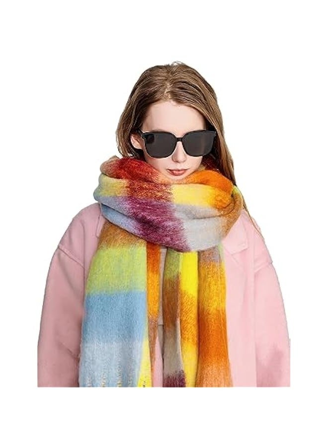 Japanese style gentle rainbow wool ball mohair scarf for women winter thick warm versatile student plaid shawl neck scarf - Image 3
