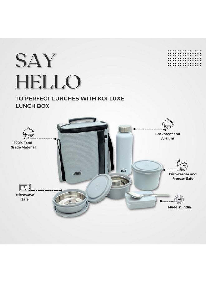 KOI Luxe Lunch Box Set with Insulated Bag Pack of 3 Microwave Safe Steel Containers with BPA-Free Lids (290ml, 450ml, 600ml), Plastic Pickle Box (180ml), and Steel Water Bottle(750ml)- Grey - Image 2