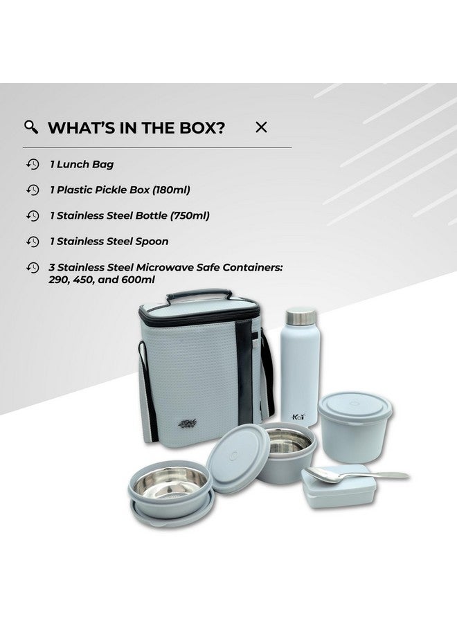 KOI Luxe Lunch Box Set with Insulated Bag Pack of 3 Microwave Safe Steel Containers with BPA-Free Lids (290ml, 450ml, 600ml), Plastic Pickle Box (180ml), and Steel Water Bottle(750ml)- Grey - Image 3