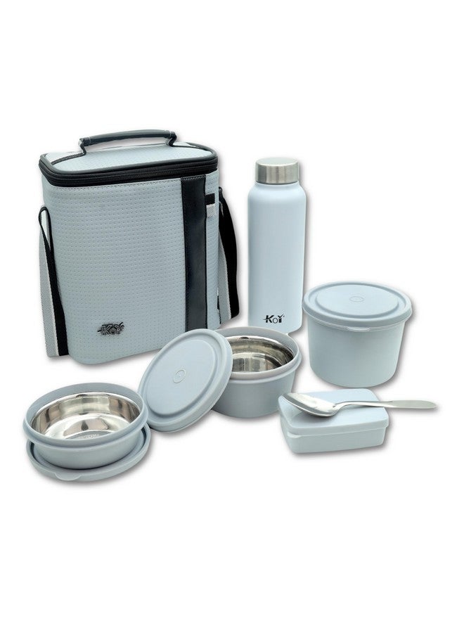 KOI Luxe Lunch Box Set with Insulated Bag Pack of 3 Microwave Safe Steel Containers with BPA-Free Lids (290ml, 450ml, 600ml), Plastic Pickle Box (180ml), and Steel Water Bottle(750ml)- Grey - Image 1