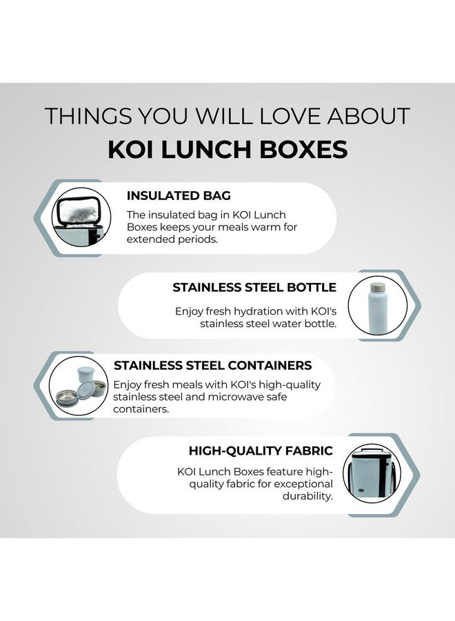 KOI Luxe Lunch Box Set with Insulated Bag Pack of 3 Microwave Safe Steel Containers with BPA-Free Lids (290ml, 450ml, 600ml), Plastic Pickle Box (180ml), and Steel Water Bottle(750ml)- Grey - Image 4