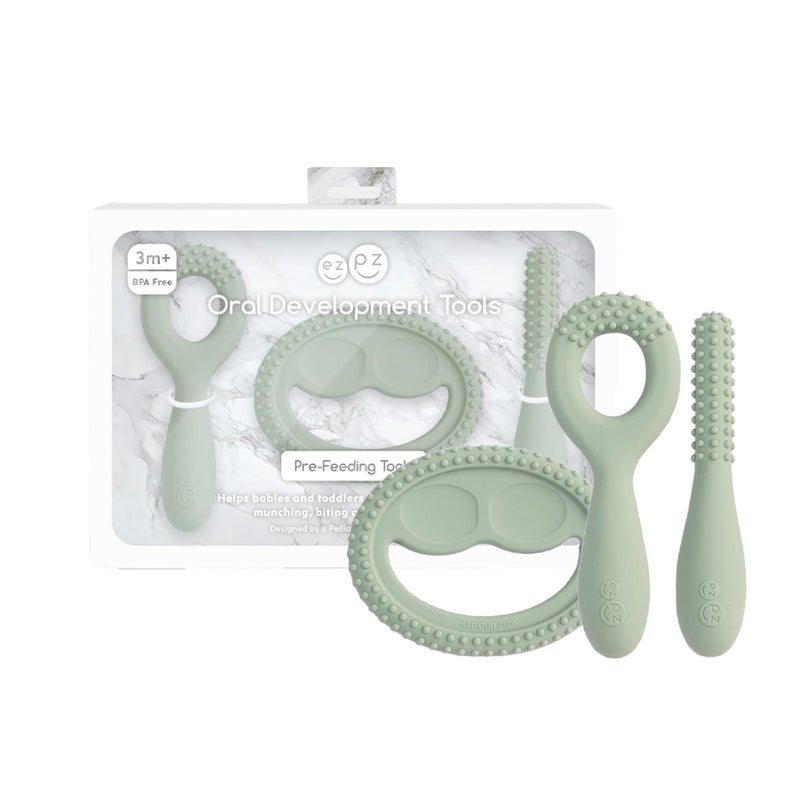 ezpz Oral Development Tools (3 Pack in Sage) - 3 Months+ - Non-Slip Loop, Smile and Stick 100% Silicone Tools - Prepare for Chewing + Solids - Baby-Led Weaning Supplies - Image 1