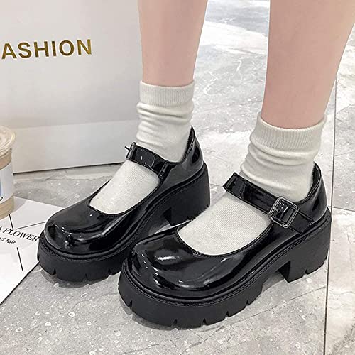 ACE SHOCK Women's Platform Mary Janes Chunky Heel Ankle Strap Uniform Dress Shoes Heeled Gothic Lolita Oxfords (8, Single Strap-Jet Black) - Image 2