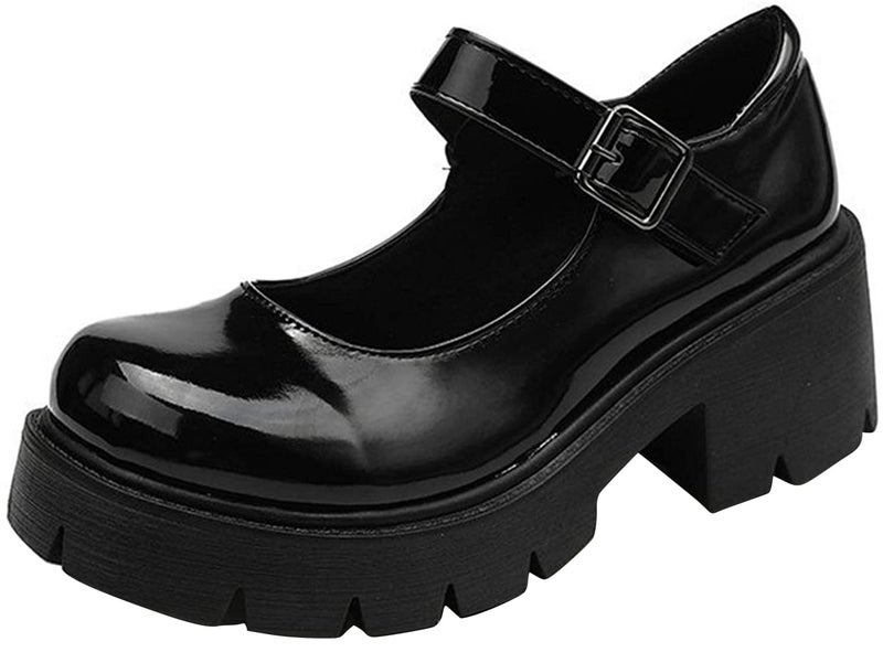 ACE SHOCK Women's Platform Mary Janes Chunky Heel Ankle Strap Uniform Dress Shoes Heeled Gothic Lolita Oxfords (8, Single Strap-Jet Black) - Image 1