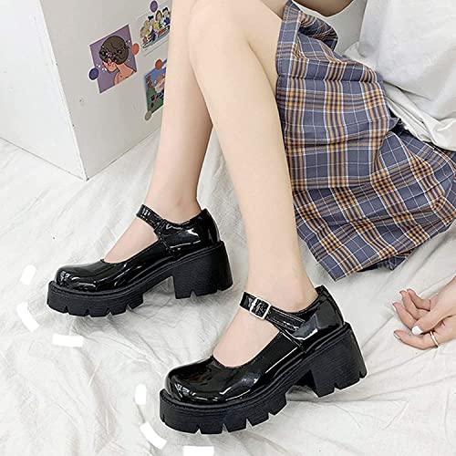 ACE SHOCK Women's Platform Mary Janes Chunky Heel Ankle Strap Uniform Dress Shoes Heeled Gothic Lolita Oxfords (8, Single Strap-Jet Black) - Image 4