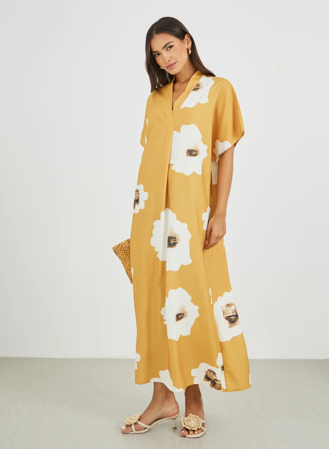 Styli Styli Floral Print Batwing Sleeve V-Neck Maxi Dress