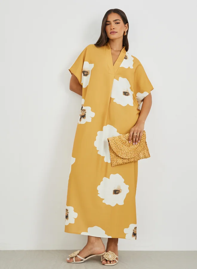 Styli Styli Floral Print Batwing Sleeve V-Neck Maxi Dress