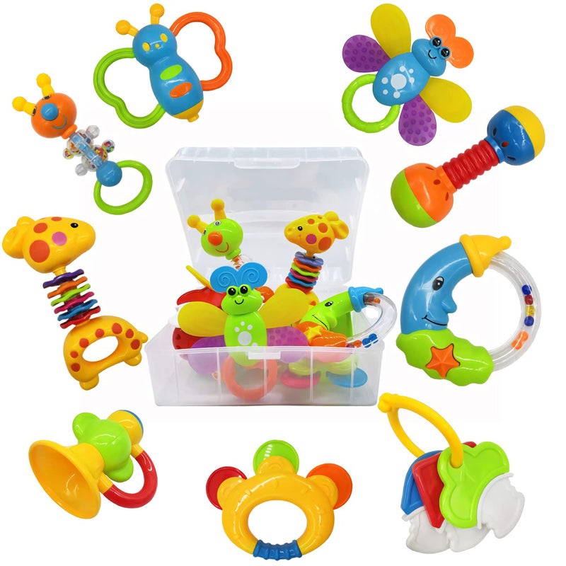 AIVIAI 9pcs Baby First Rattle Teether Toy Gift Set with Storage Box for Infant Newborn Baby Boy 0 3 6 9 12 18Month Blue - Image 1