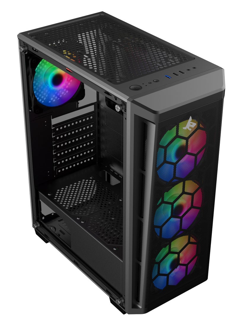 SHARX SHARX CASE RAZORFIN  ARGB ATX PC Case With Front Mesh Panel (R-200), 4 x 120mm Pre-Installed Fans, Remote Controller, Glass Side Panel,Ports Type C*1/ USB3.0 *1/ USB2.0 *2 Buttons:Power/Reset/LED.  - Image 2