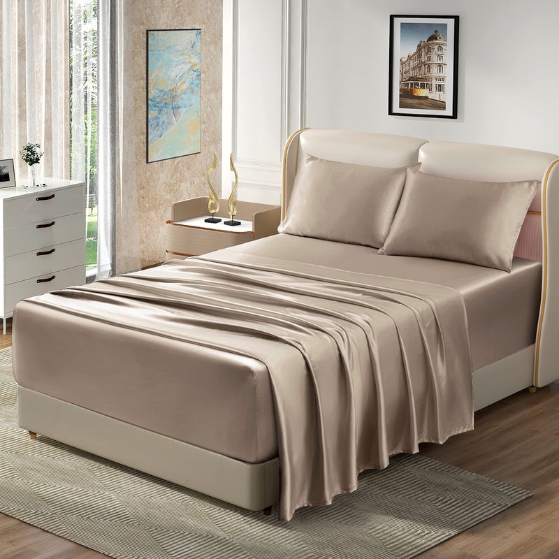 Homiest 4pcs Extra Deep Pocket Satin Sheets King Size Bed Set 1824 Inch Deep Pocket Taupe Sheet Set Silky Luxury Bedding Fitted Sheet Fits Ultra Deep Mattress