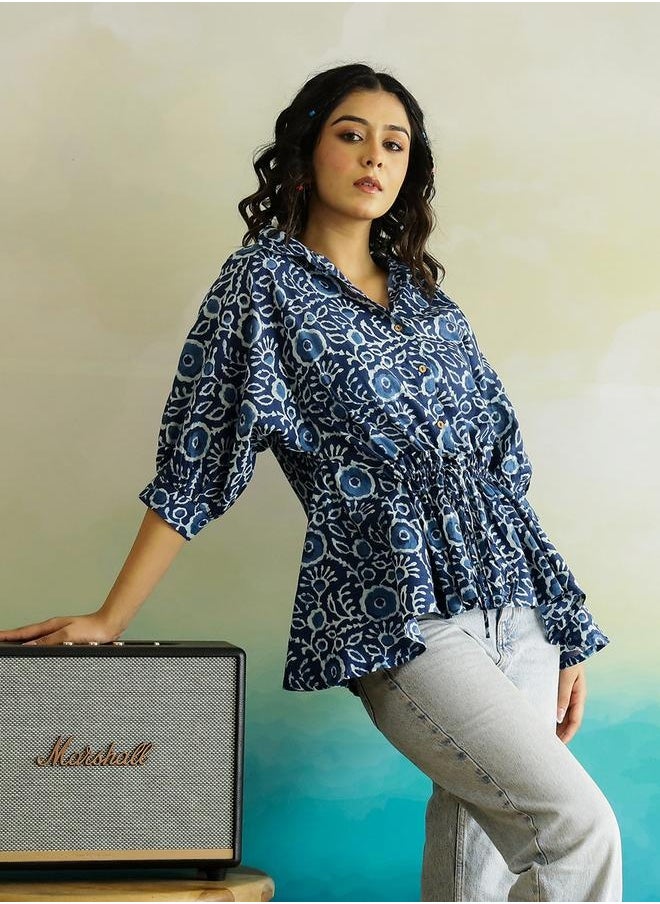 sanskrutihomes Floral Printed Batwing Sleeve Cotton Top with Ruched Detail by Styli  - Image 2