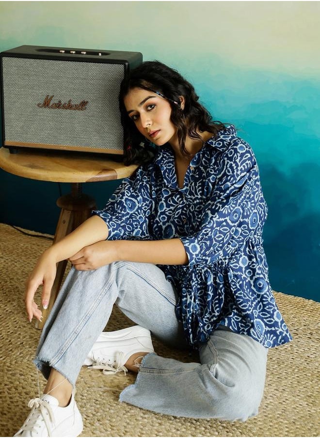 sanskrutihomes Floral Printed Batwing Sleeve Cotton Top with Ruched Detail by Styli  - Image 3