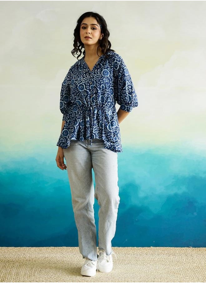 sanskrutihomes Floral Printed Batwing Sleeve Cotton Top with Ruched Detail by Styli  - Image 1