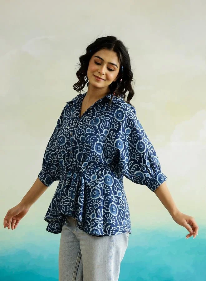 sanskrutihomes sanskrutihomes Floral Printed Batwing Sleeve Cotton Top with Ruched Detail
