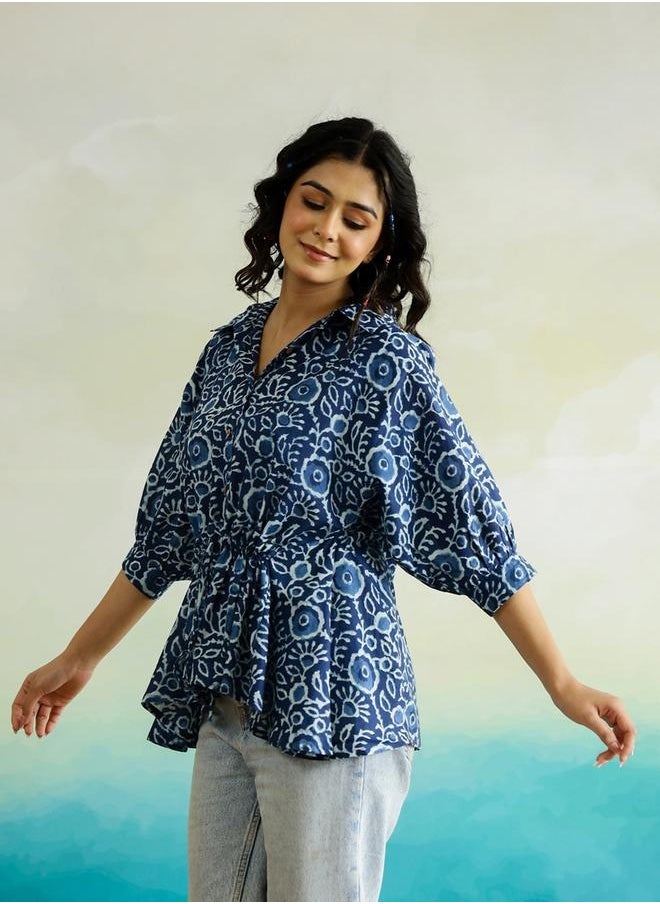 sanskrutihomes Floral Printed Batwing Sleeve Cotton Top with Ruched Detail by Styli  - Image 5