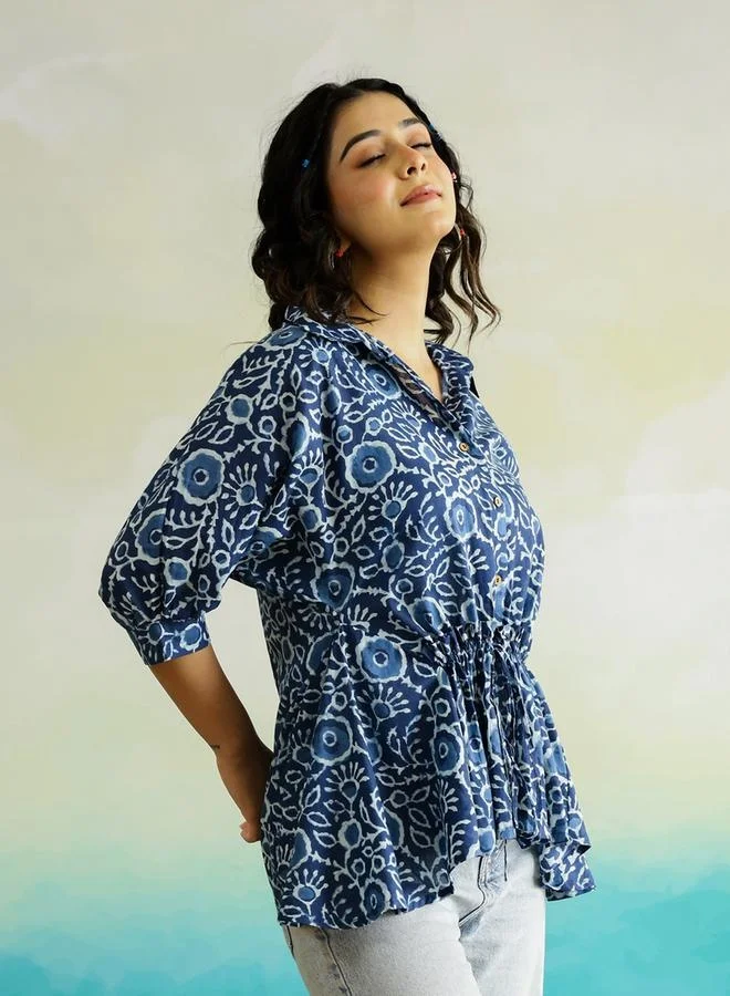 sanskrutihomes sanskrutihomes Floral Printed Batwing Sleeve Cotton Top with Ruched Detail