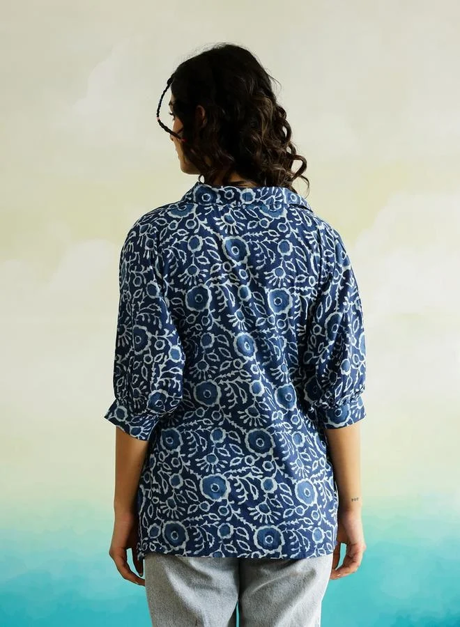 sanskrutihomes sanskrutihomes Floral Printed Batwing Sleeve Cotton Top with Ruched Detail