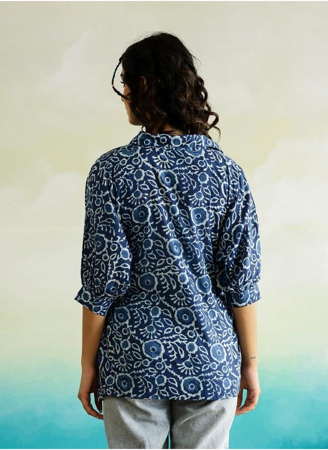 sanskrutihomes Floral Printed Batwing Sleeve Cotton Top with Ruched Detail by Styli  - Image 4