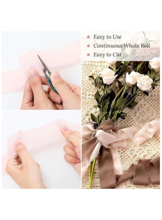 Chiffon Silk Ribbon Fringe, 3 Rolls 1.5" × 5.5yd Handmade Ribbon, Frayed Edges Ribbon for Wedding Invitations Gifts Wrapping DIY Crafts, Bridal Bouquets Party Decorations (White-Pink) - view 3