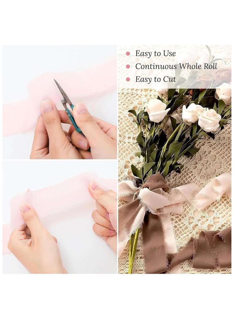 HaHaHai Chiffon Silk Ribbon Fringe, 3 Rolls 1.5" × 5.5yd Handmade Ribbon, Frayed Edges Ribbon for Wedding Invitations Gifts Wrapping DIY Crafts, Bridal Bouquets Party Decorations (White-Pink) - Image 3