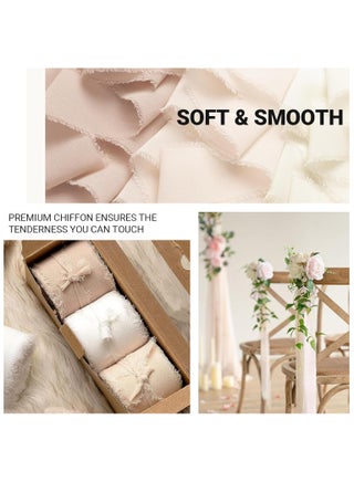 Chiffon Silk Ribbon Fringe, 3 Rolls 1.5" × 5.5yd Handmade Ribbon, Frayed Edges Ribbon for Wedding Invitations Gifts Wrapping DIY Crafts, Bridal Bouquets Party Decorations (White-Pink) - view 4