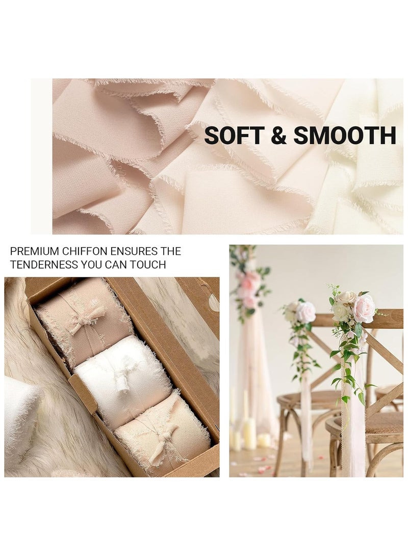 HaHaHai Chiffon Silk Ribbon Fringe, 3 Rolls 1.5" × 5.5yd Handmade Ribbon, Frayed Edges Ribbon for Wedding Invitations Gifts Wrapping DIY Crafts, Bridal Bouquets Party Decorations (White-Pink) - Image 4