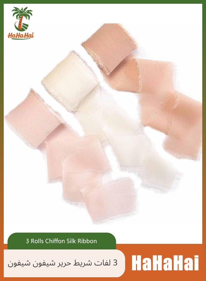 HaHaHai Chiffon Silk Ribbon Fringe, 3 Rolls 1.5" × 5.5yd Handmade Ribbon, Frayed Edges Ribbon for Wedding Invitations Gifts Wrapping DIY Crafts, Bridal Bouquets Party Decorations (White-Pink) - Image 1