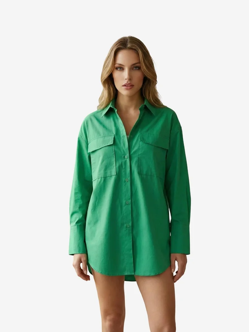 MY FASHION MY FASHION Oversized Long Sleeve Cotton Shirt with Pocket