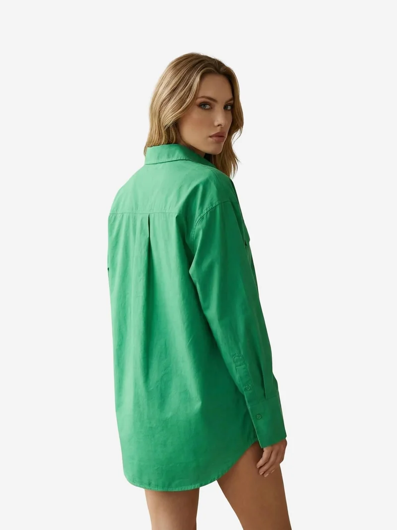 My Fashion Pine Green MY FASHION Oversized Long Sleeve Cotton Shirt with Pocket for Women | Best Price UAE