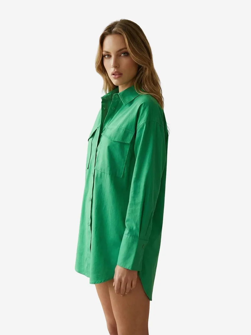 My Fashion Pine Green MY FASHION Oversized Long Sleeve Cotton Shirt with Pocket for Women | Best Price UAE